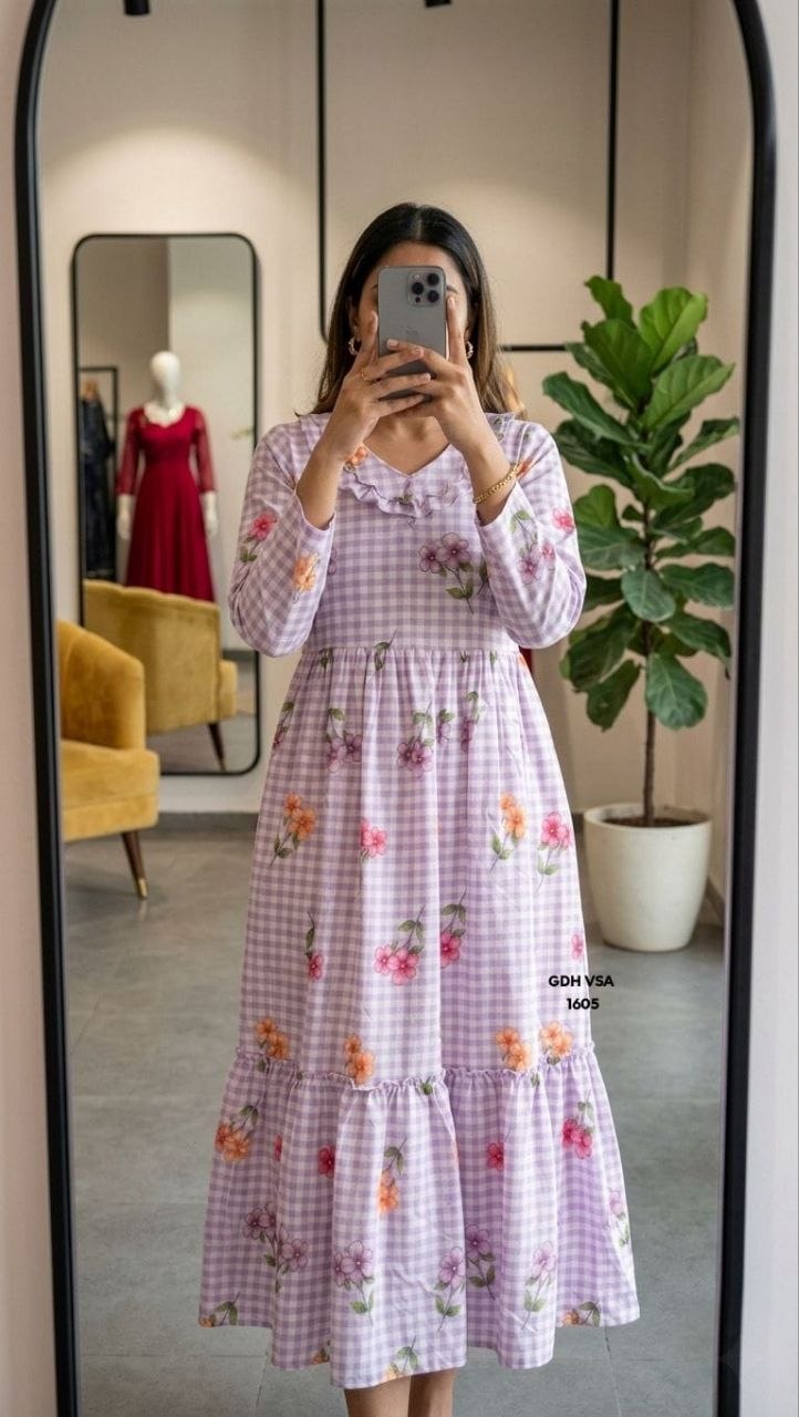 Gingham Floral Cotton Maxi dress - Lavender